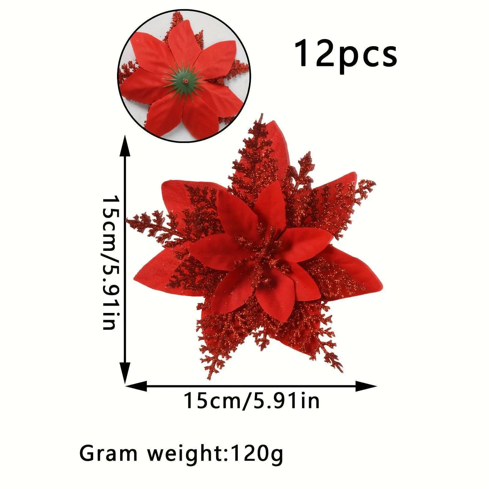 12pcs Large 5.91" Sparkling Poinsettia Artificial Flowers - Perfect for Christmas Tree & Home Party Decorations