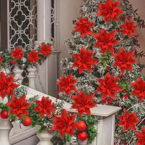 12pcs Large 5.91" Sparkling Poinsettia Artificial Flowers - Perfect for Christmas Tree & Home Party Decorations