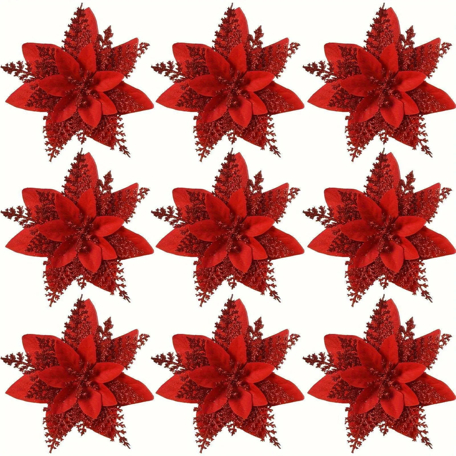 12pcs Large 5.91" Sparkling Poinsettia Artificial Flowers - Perfect for Christmas Tree & Home Party Decorations