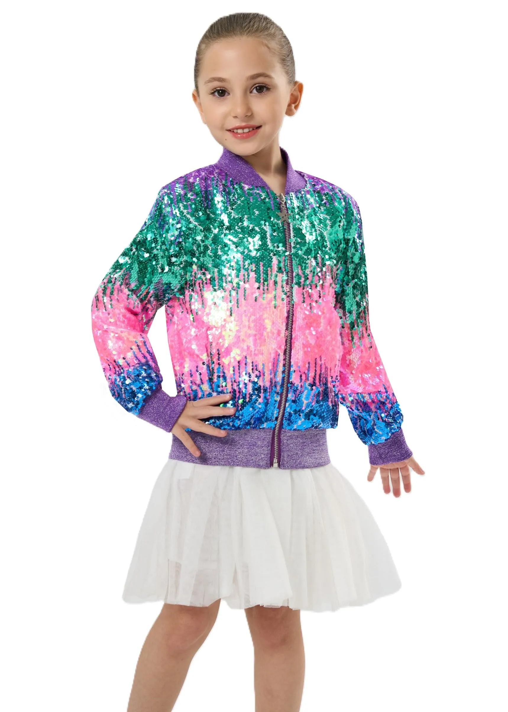 2Bunnies Girls' Aurora Gradient Sequin Bomber Jacket