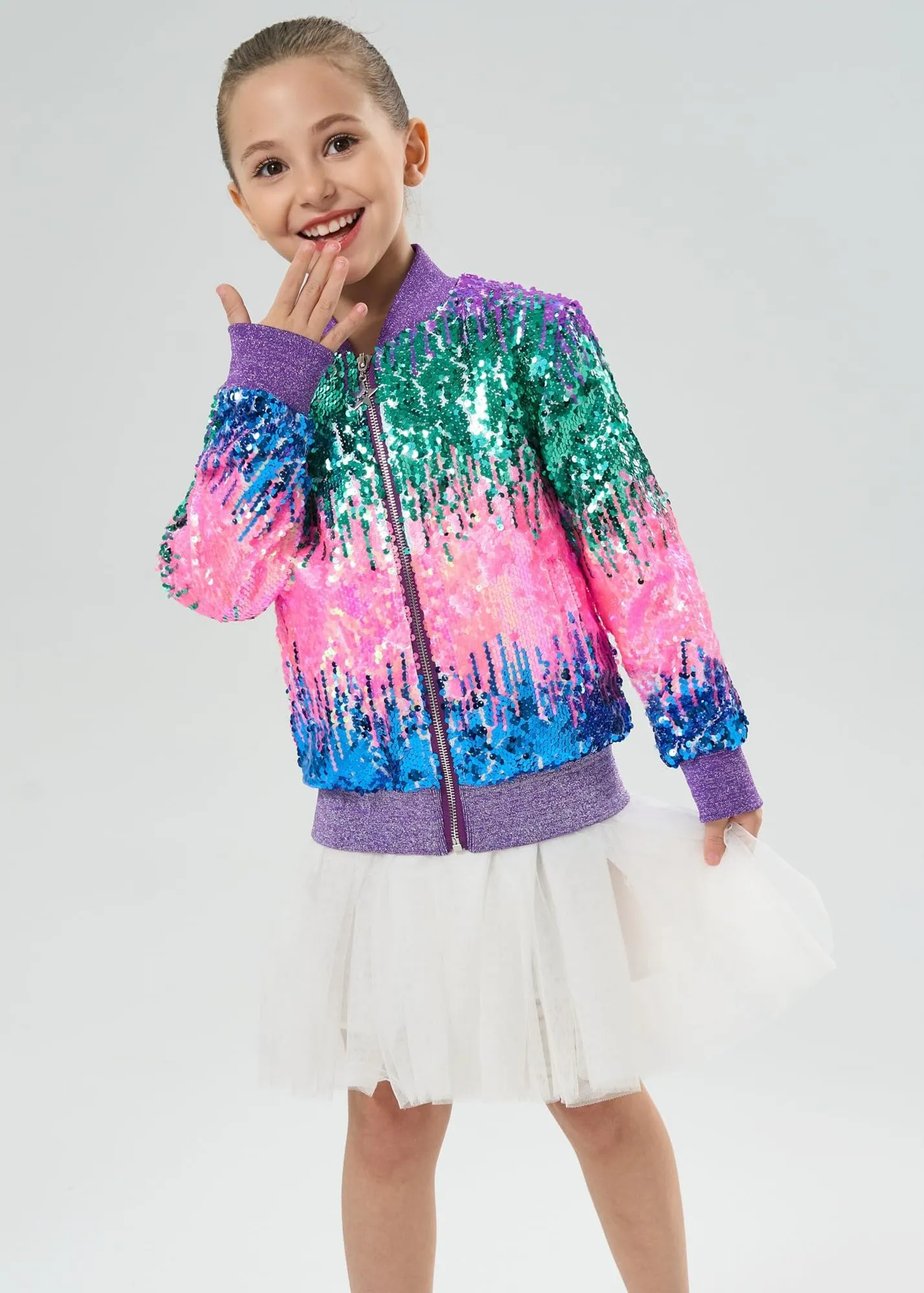 2Bunnies Girls' Aurora Gradient Sequin Bomber Jacket