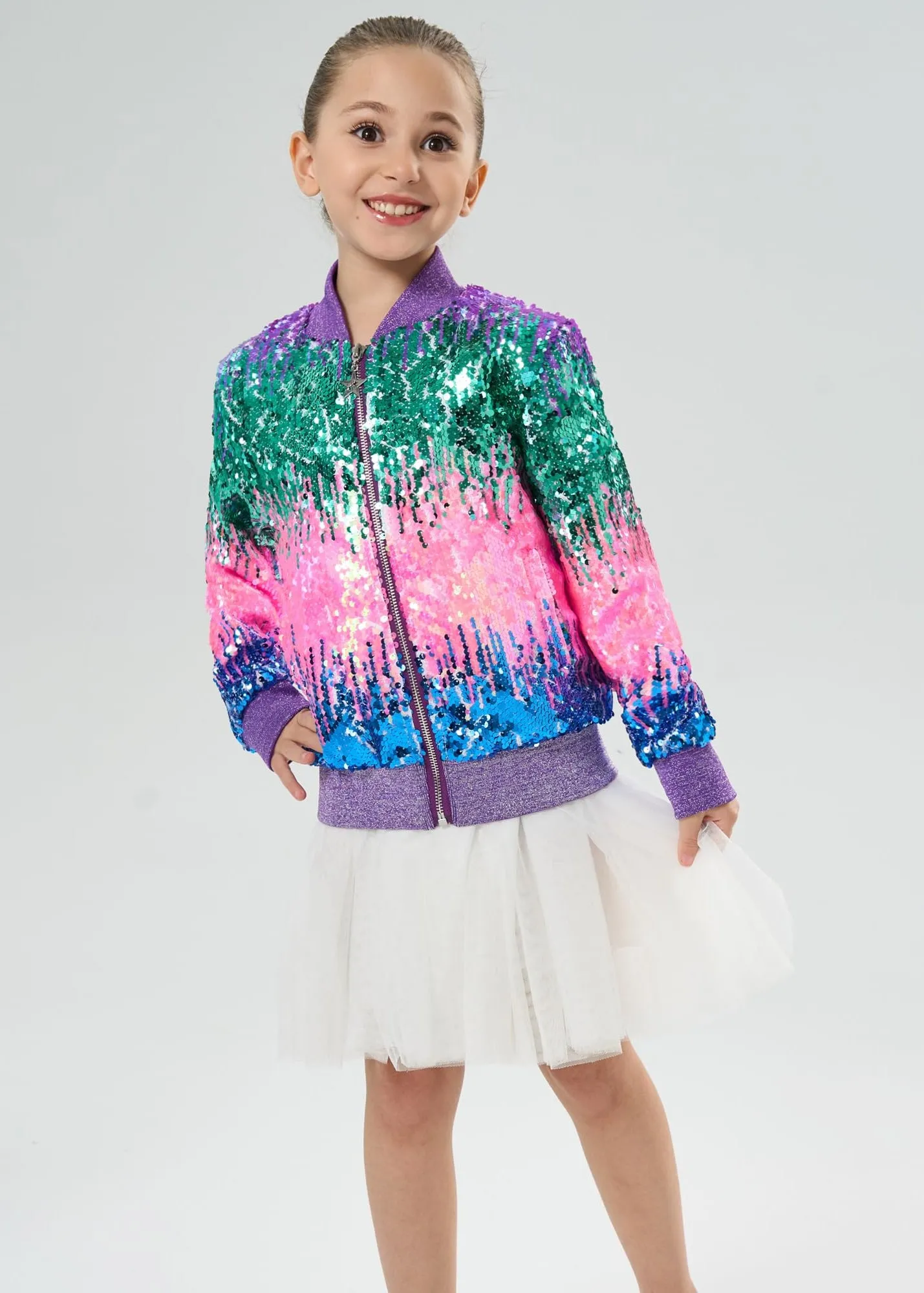 2Bunnies Girls' Aurora Gradient Sequin Bomber Jacket