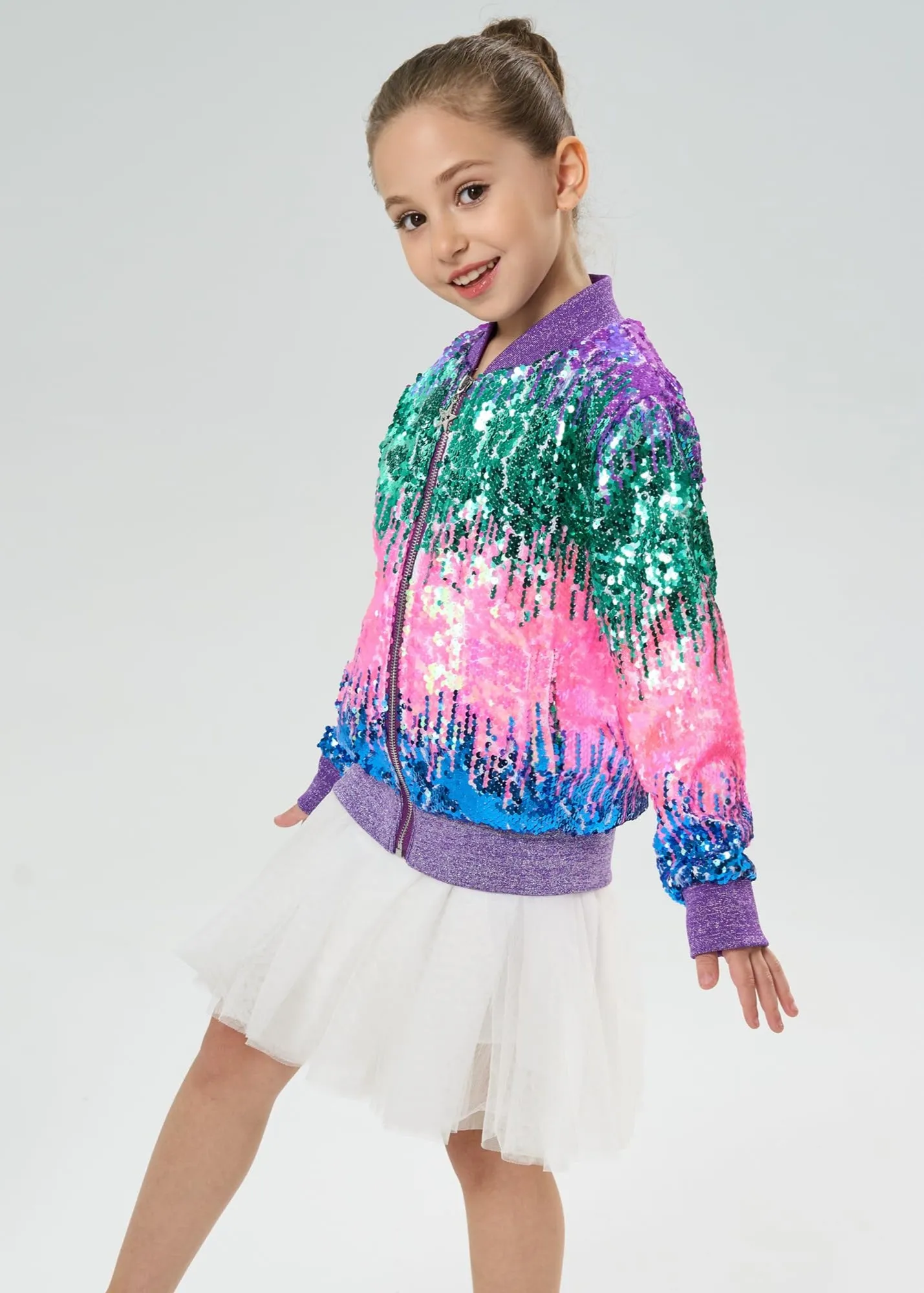 2Bunnies Girls' Aurora Gradient Sequin Bomber Jacket