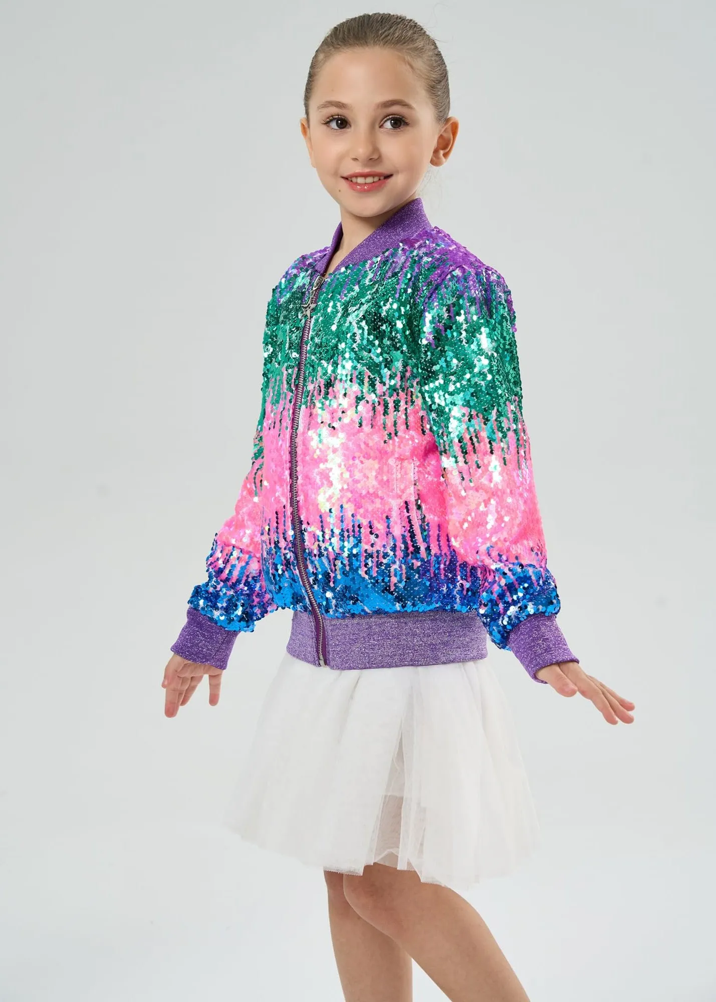 2Bunnies Girls' Aurora Gradient Sequin Bomber Jacket