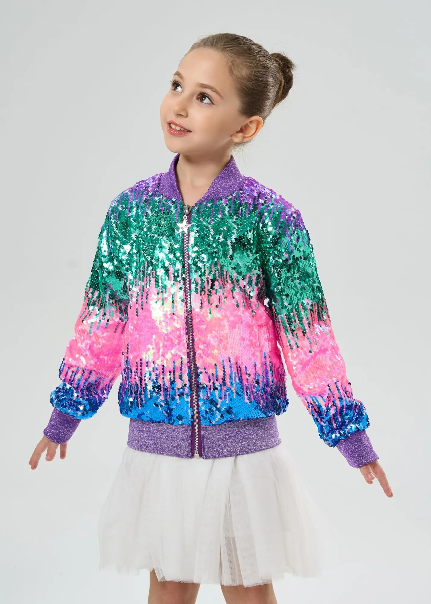 2Bunnies Girls' Aurora Gradient Sequin Bomber Jacket