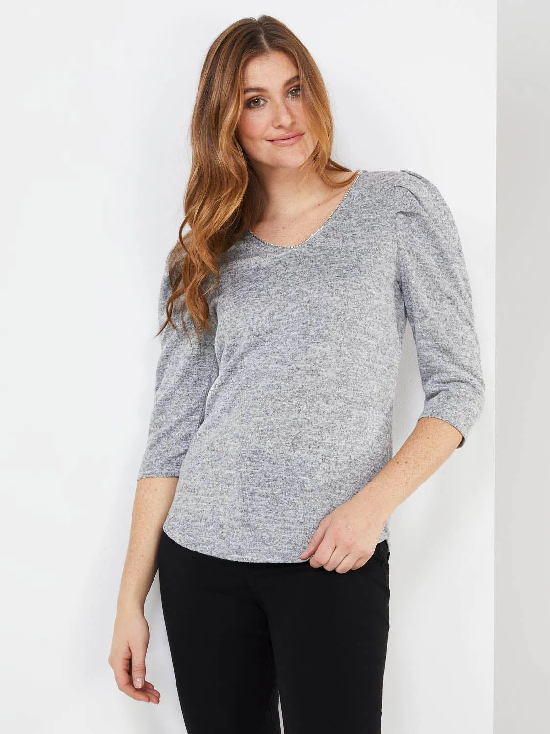 3/4 Puff Sleeve Rhinestone V-Neck Top