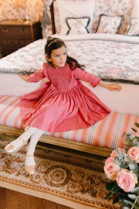 ANGELE PINK CORDUROY FRILLS SMOCKED DRESS