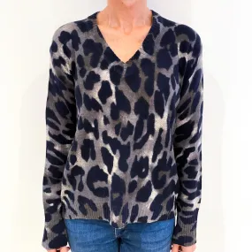 Animal Print SlouchyCashmere V-Neck Jumper Small