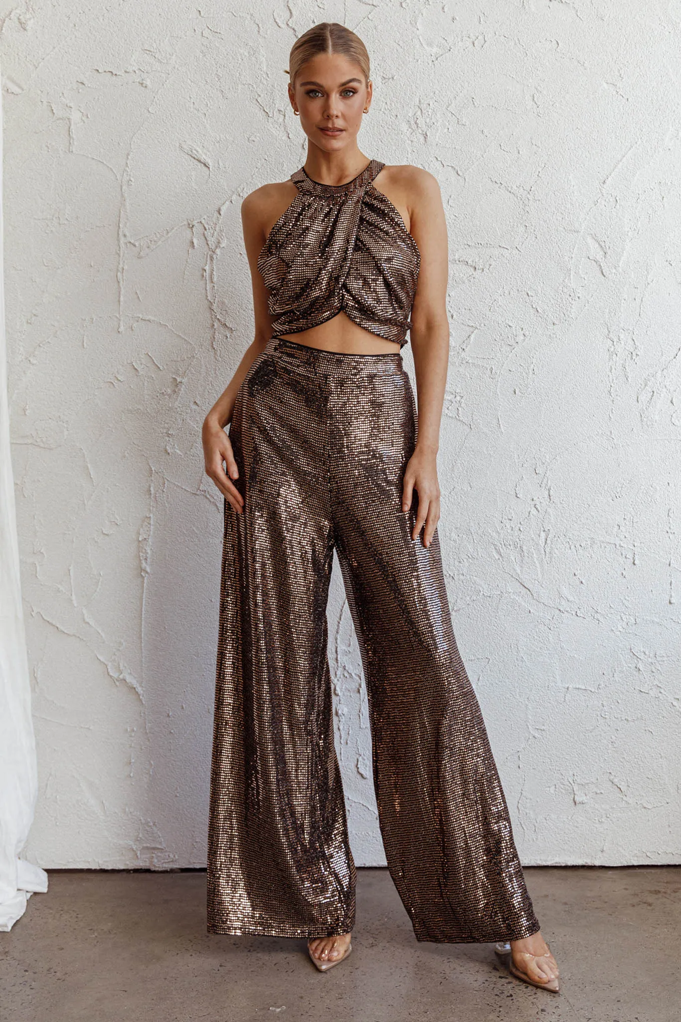 Anything Goes Draped Sequin Crop Top Gold