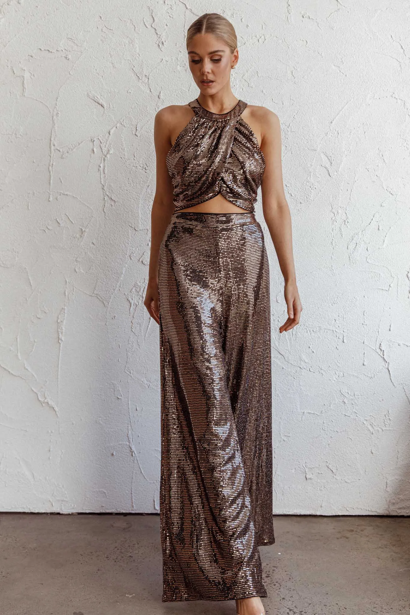 Anything Goes Wide Leg Metallic Pants Gold