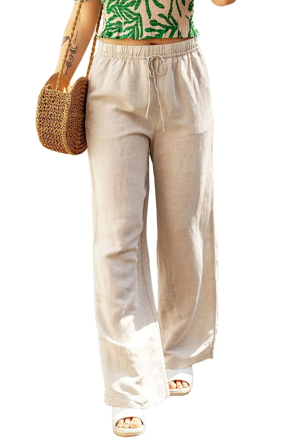 Apricot Linen Elastic Waist Drawstring Loose Fit Trousers