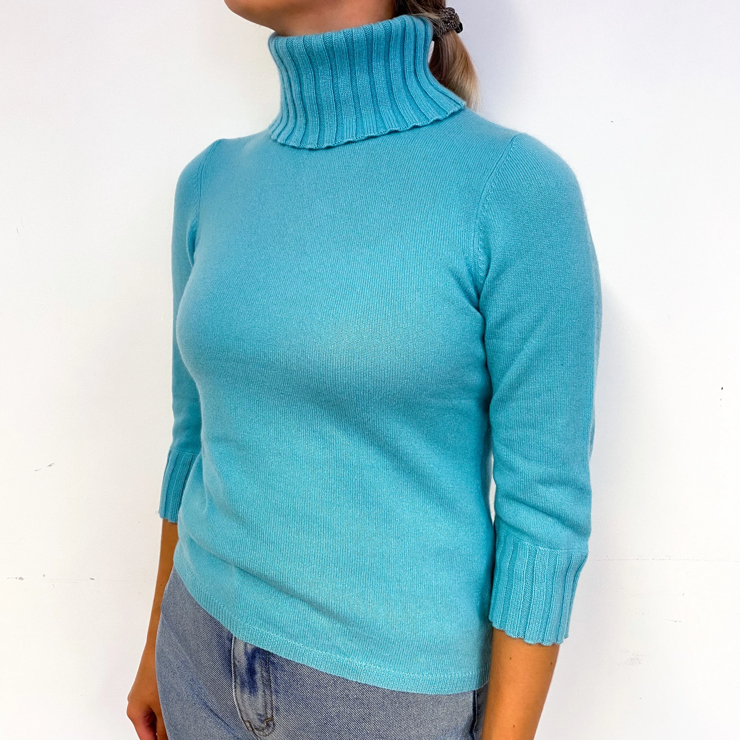 Aqua Blue 3/4 Sleeved Cashmere Polo Neck Jumper Small