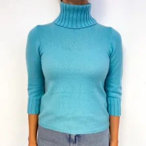 Aqua Blue 3/4 Sleeved Cashmere Polo Neck Jumper Small