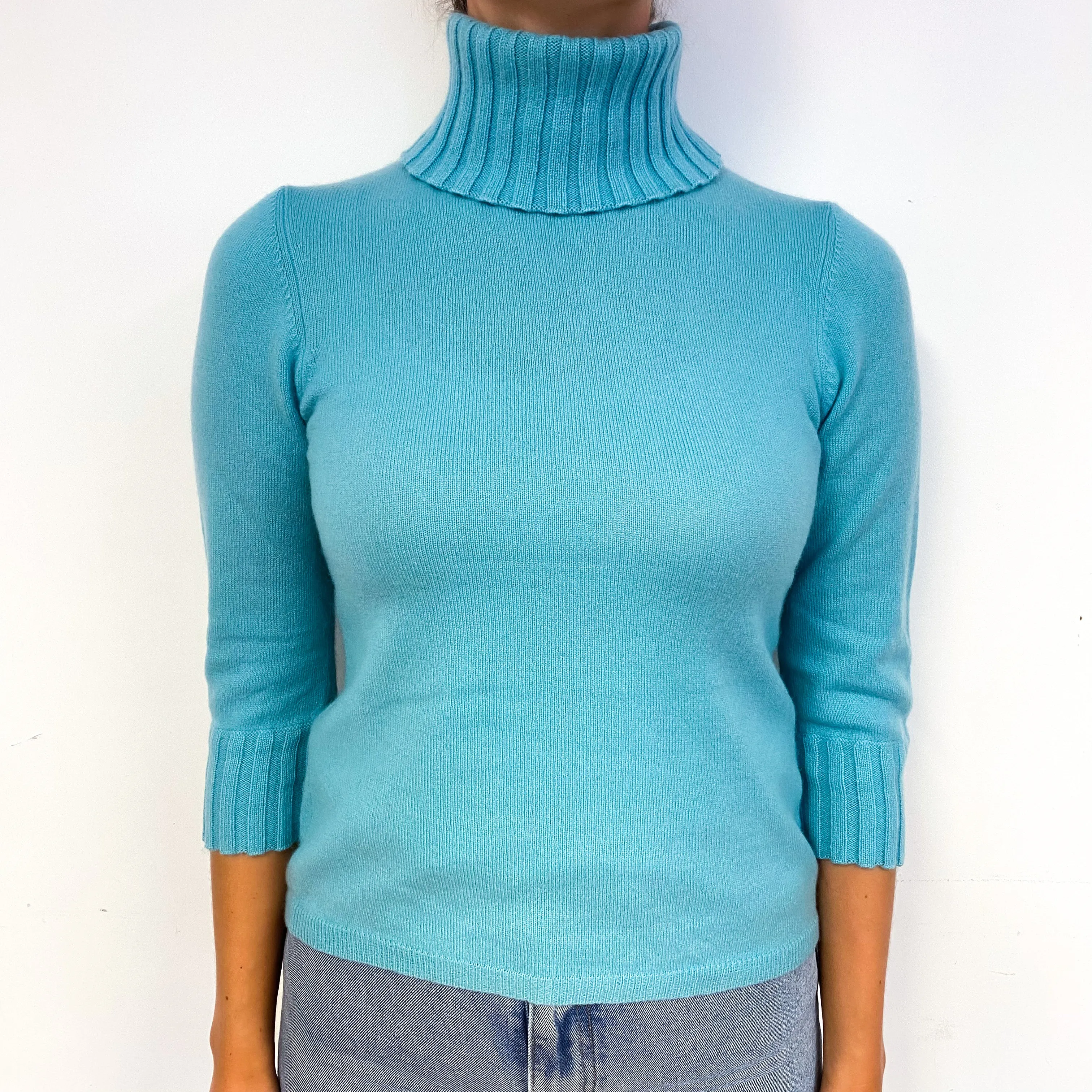 Aqua Blue 3/4 Sleeved Cashmere Polo Neck Jumper Small