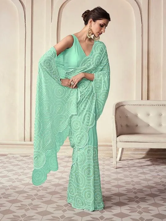 Aqua blue Georgette Sequined and Embroidered saree