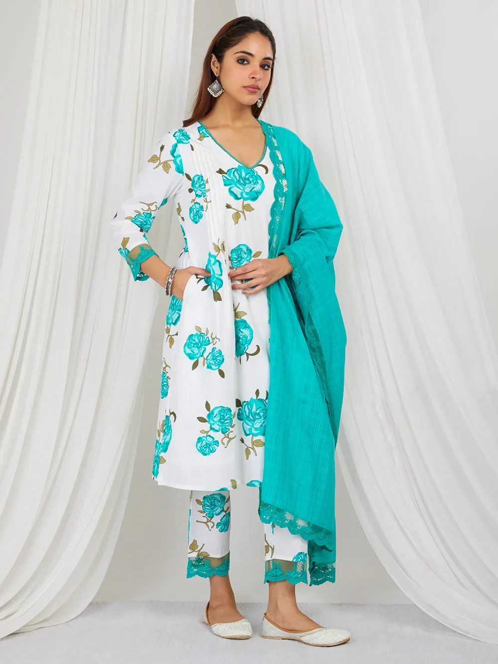 Aqua Blue White Hand Block Printed Cotton Suit - Set of 3