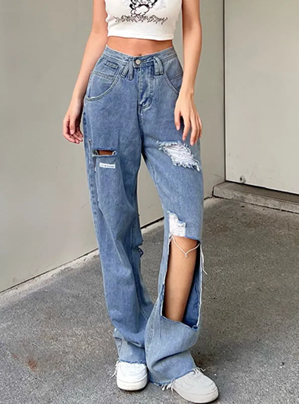 Asymmetric Washed Blue Jeans Straight Pants