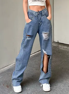 Asymmetric Washed Blue Jeans Straight Pants