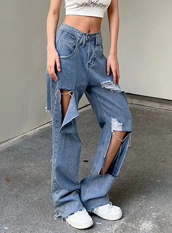 Asymmetric Washed Blue Jeans Straight Pants