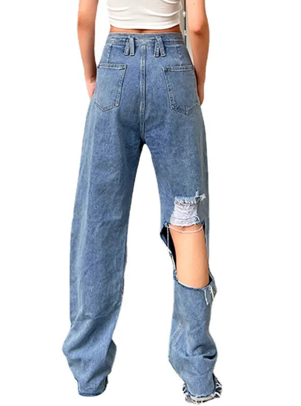 Asymmetric Washed Blue Jeans Straight Pants