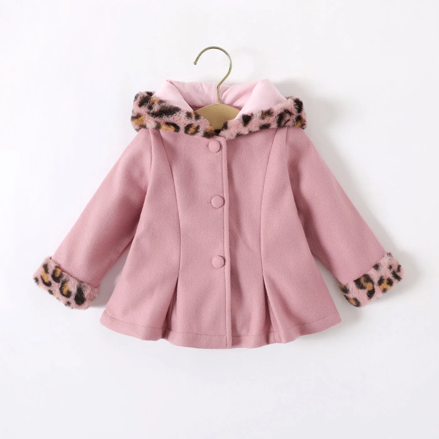 Baby Red Long-sleeve Button Leopard Hooded Wool Blend Coat