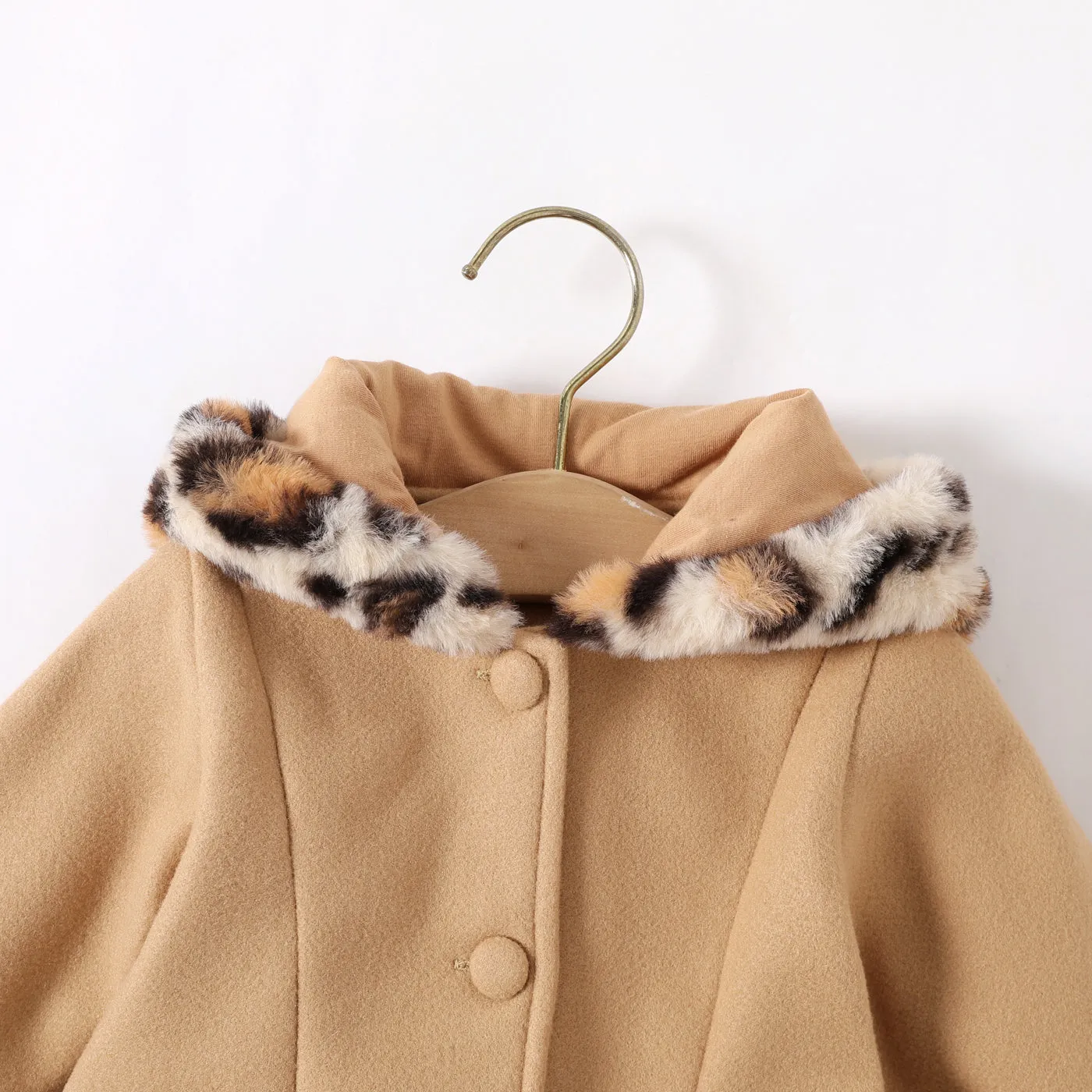 Baby Red Long-sleeve Button Leopard Hooded Wool Blend Coat