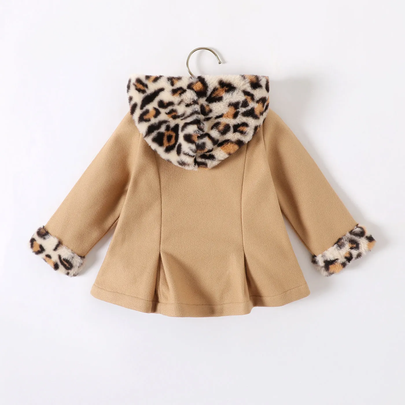 Baby Red Long-sleeve Button Leopard Hooded Wool Blend Coat