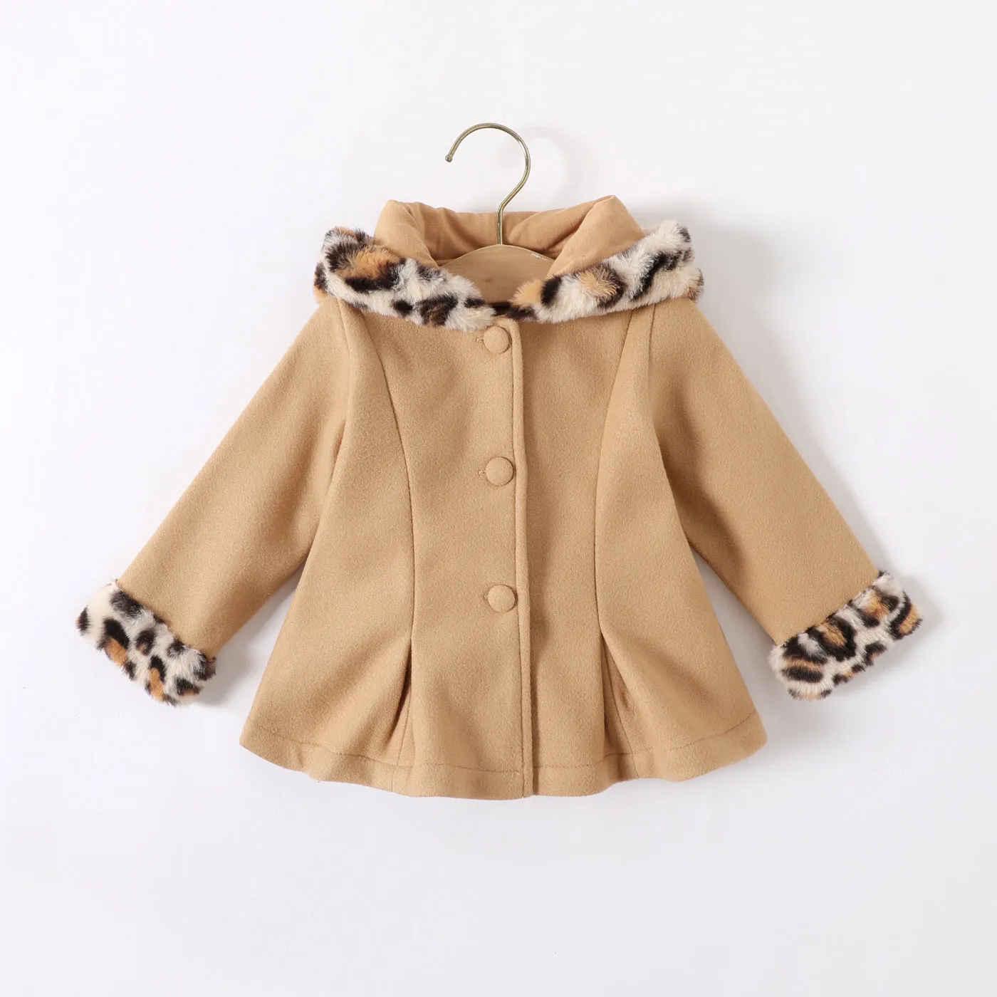 Baby Red Long-sleeve Button Leopard Hooded Wool Blend Coat