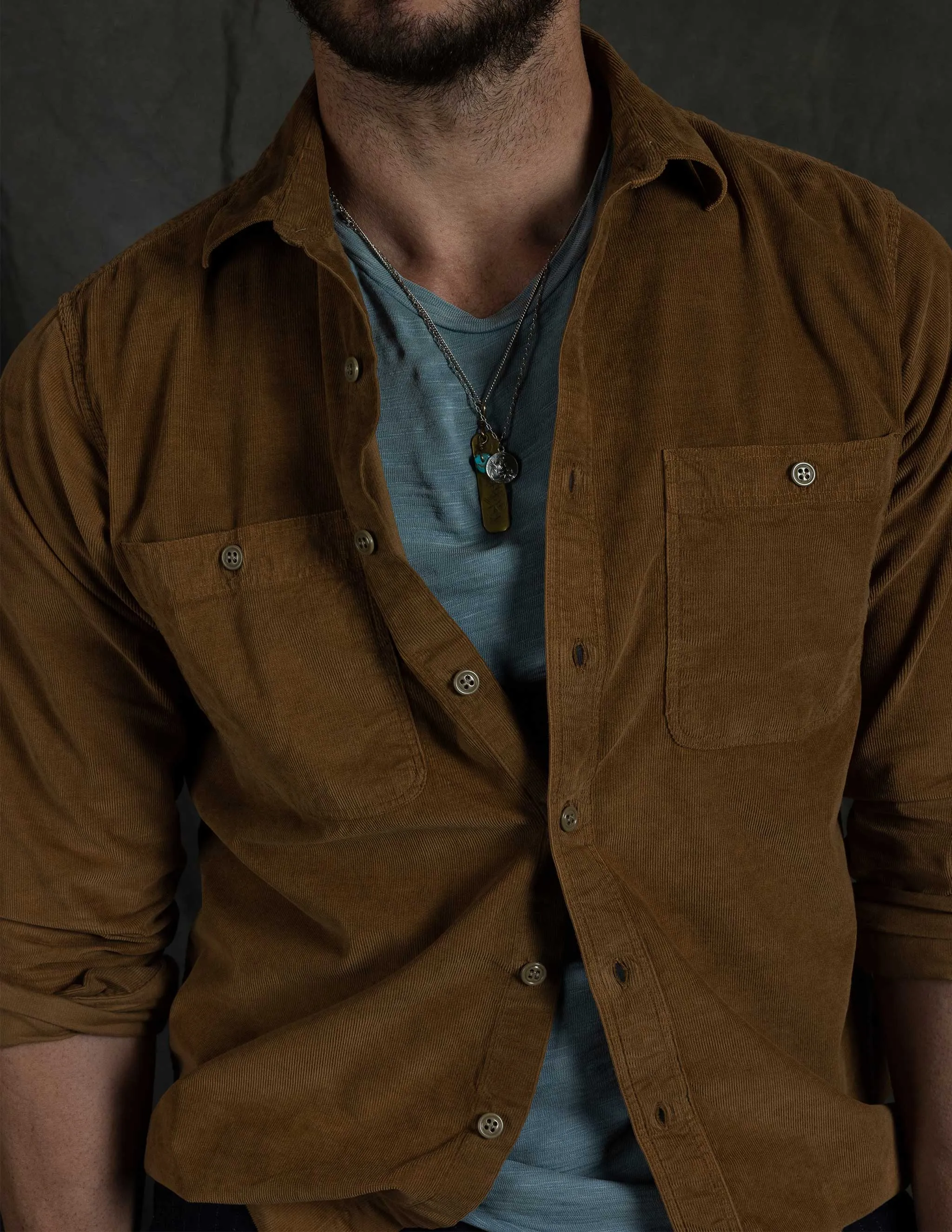 Barnes Garment Dyed Corduroy Workshirt in Golden Brown