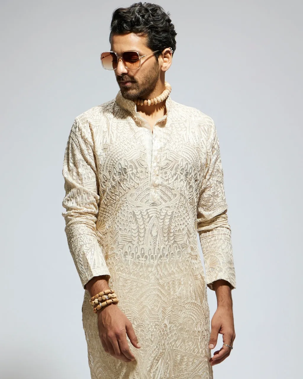 Beige Organza Embroidered Kurta Set