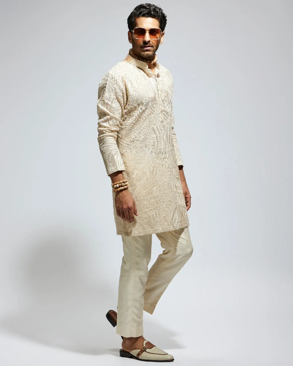 Beige Organza Embroidered Kurta Set