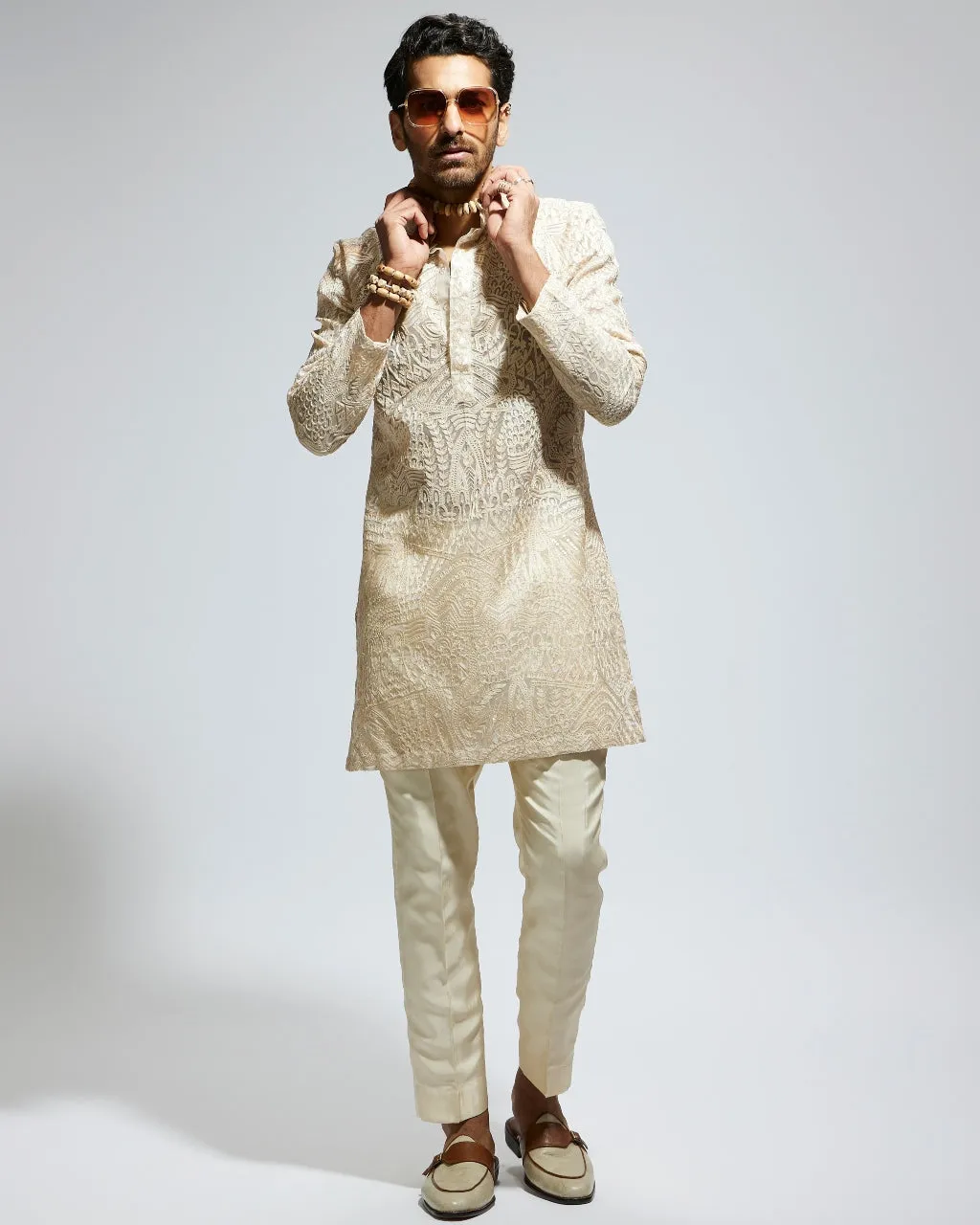 Beige Organza Embroidered Kurta Set