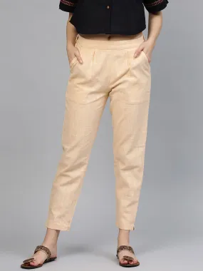 Beige Solid Cotton Slub Straight Pants