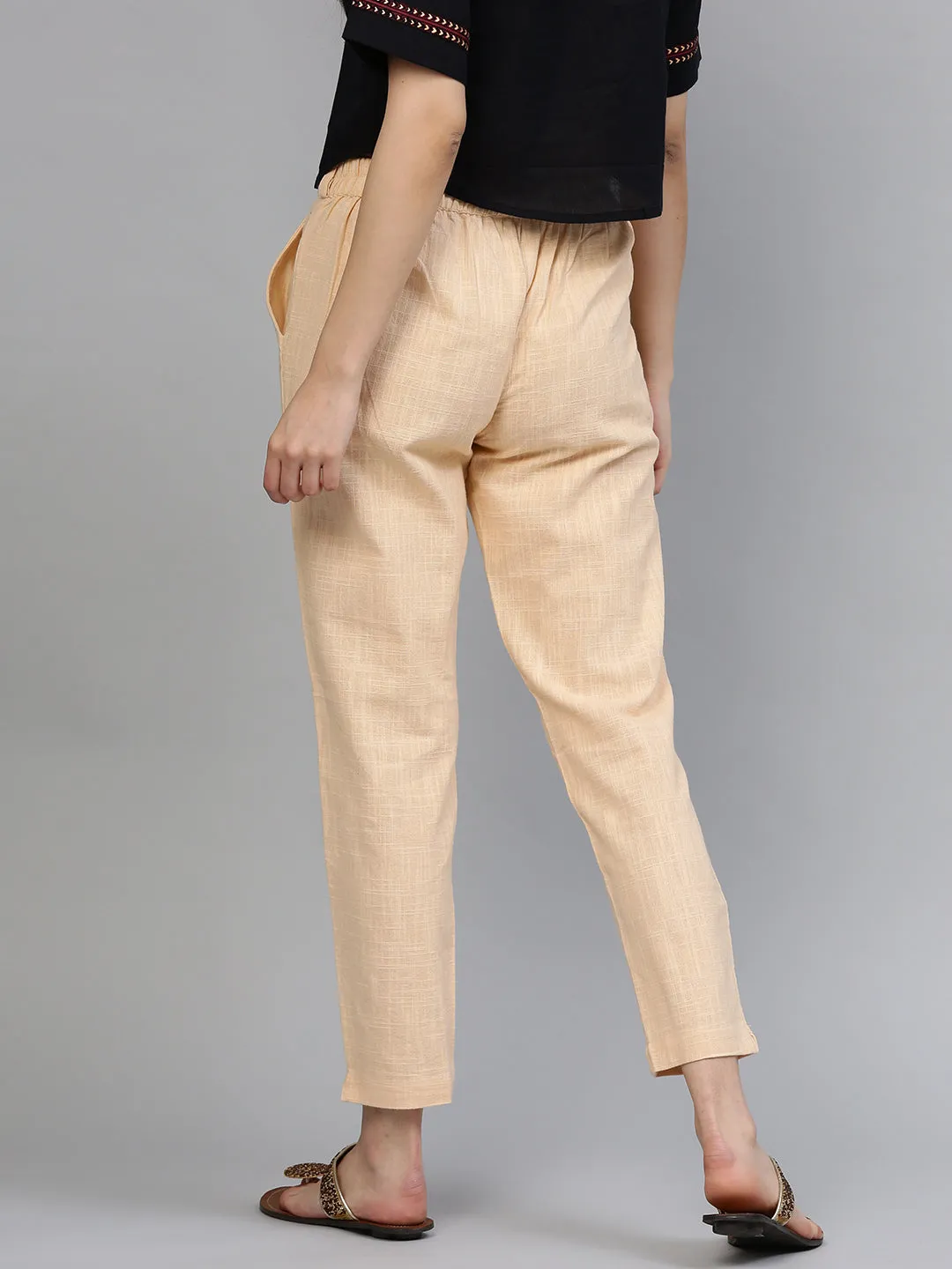 Beige Solid Cotton Slub Straight Pants