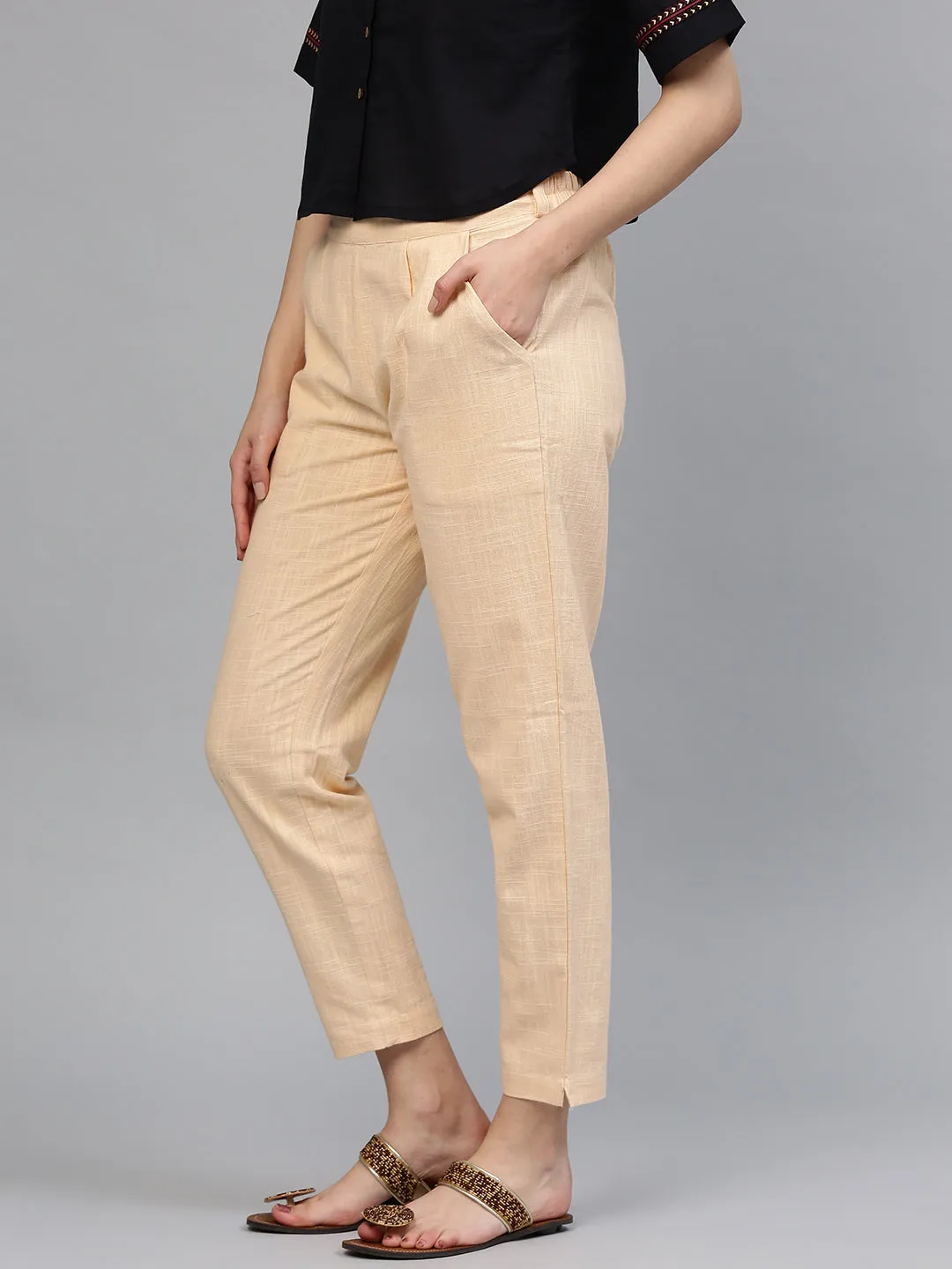 Beige Solid Cotton Slub Straight Pants