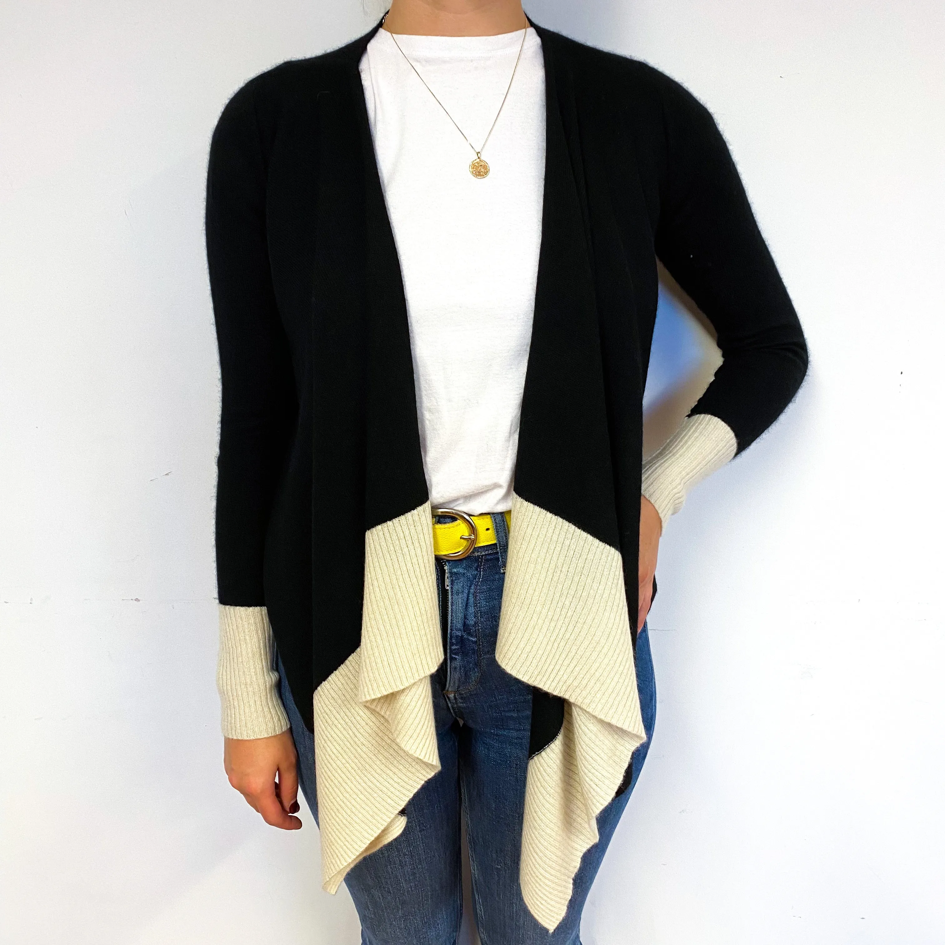 Black and Ivory Cashmere Waterfall Cardigan Small