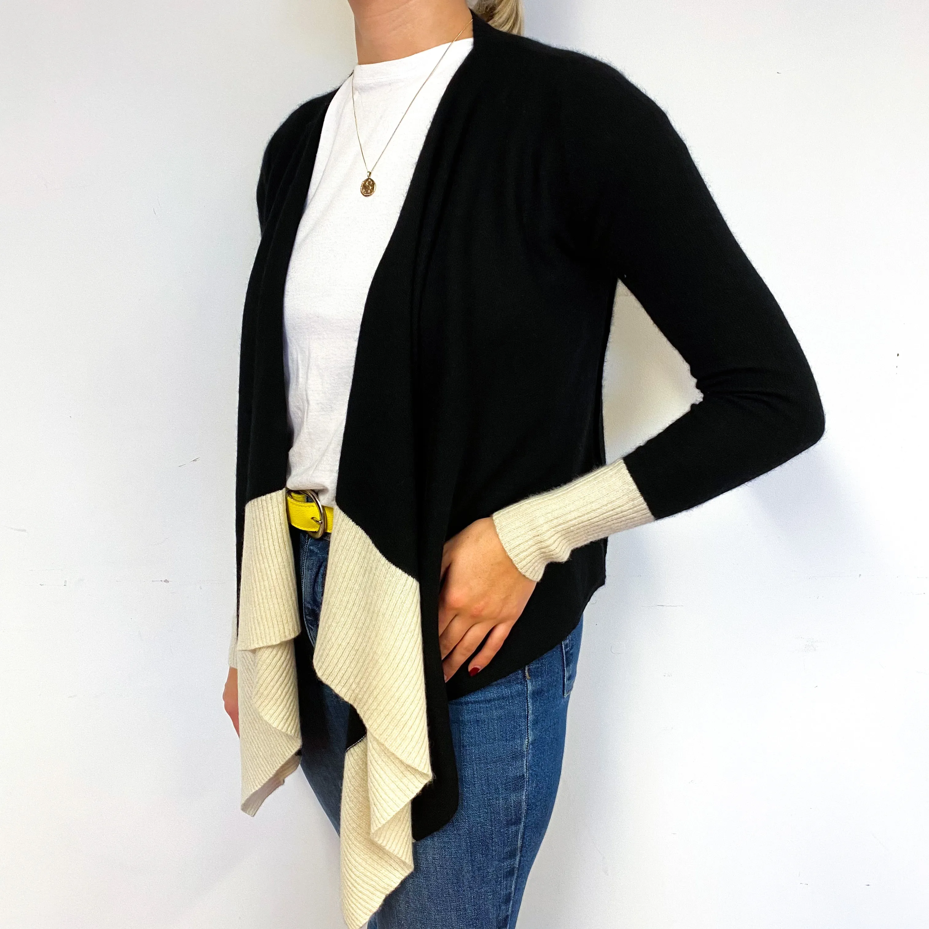 Black and Ivory Cashmere Waterfall Cardigan Small