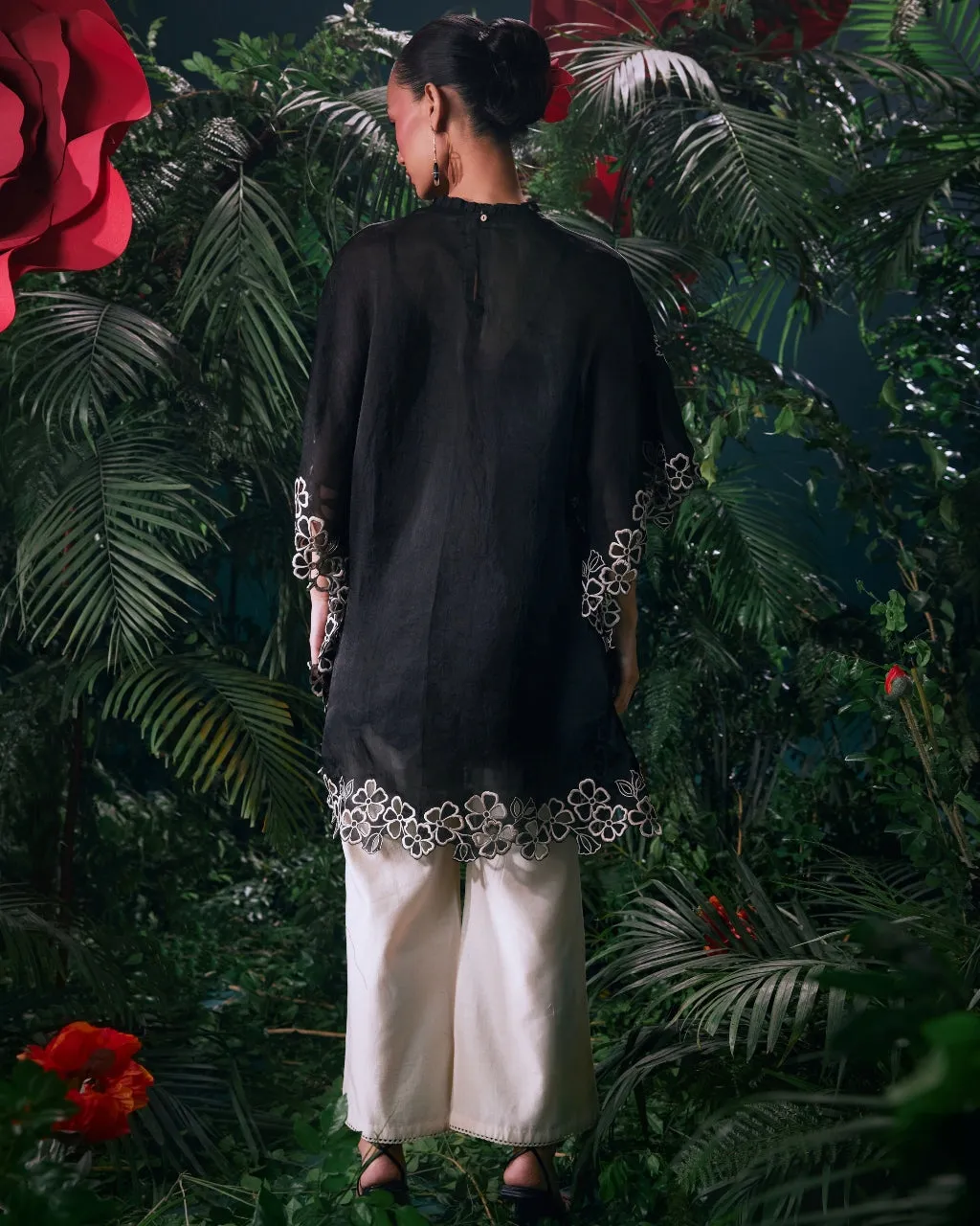 Black Contrast Embroidered Kaftan With Ivory Cutwork Pant Set