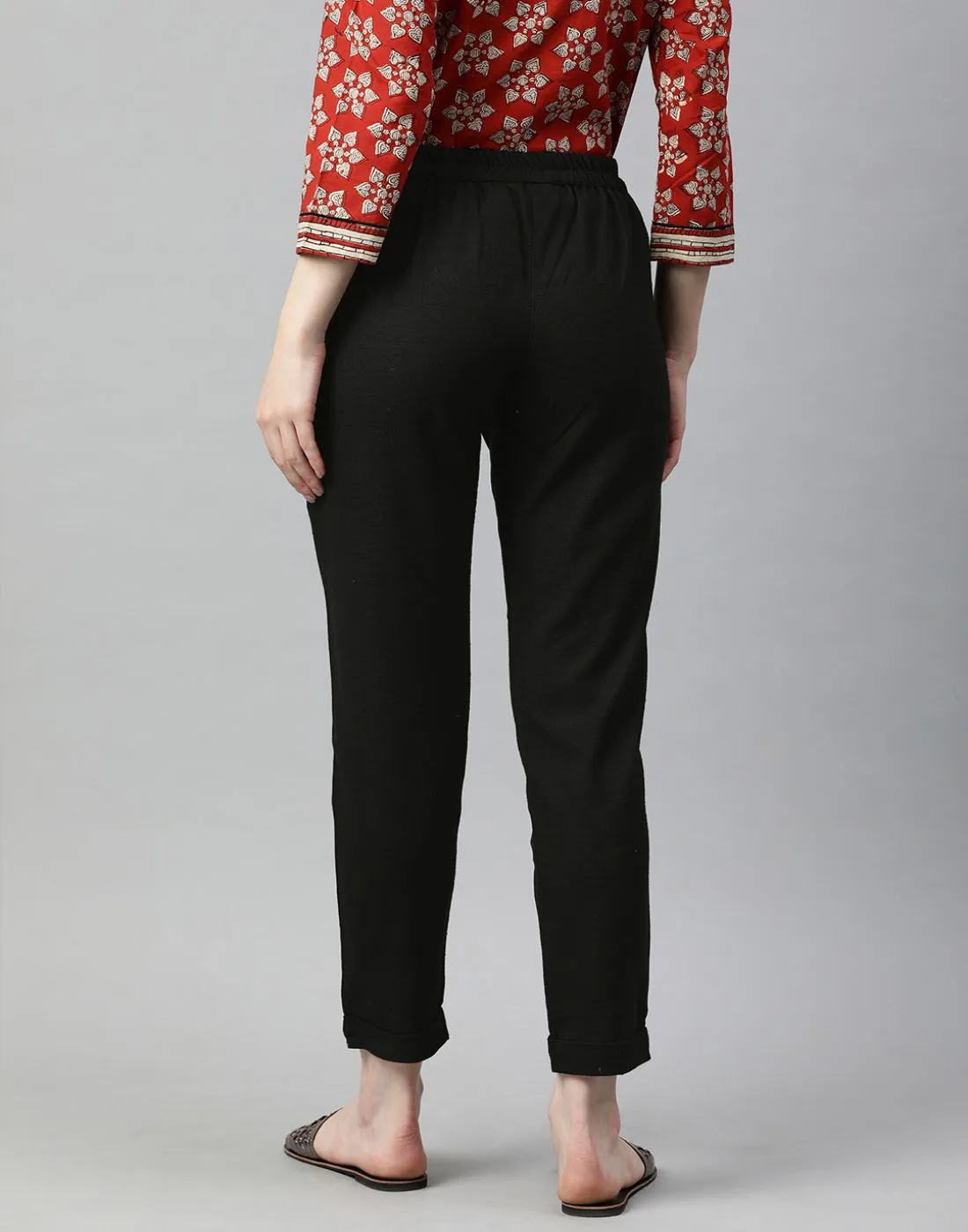 Black Cotton Slub Bottom-Fold Straight Pants