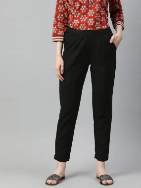 Black Cotton Slub Bottom-Fold Straight Pants