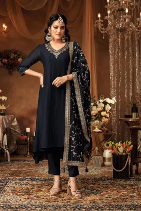 Black Embellished Raw Silk Kurta Pants Set