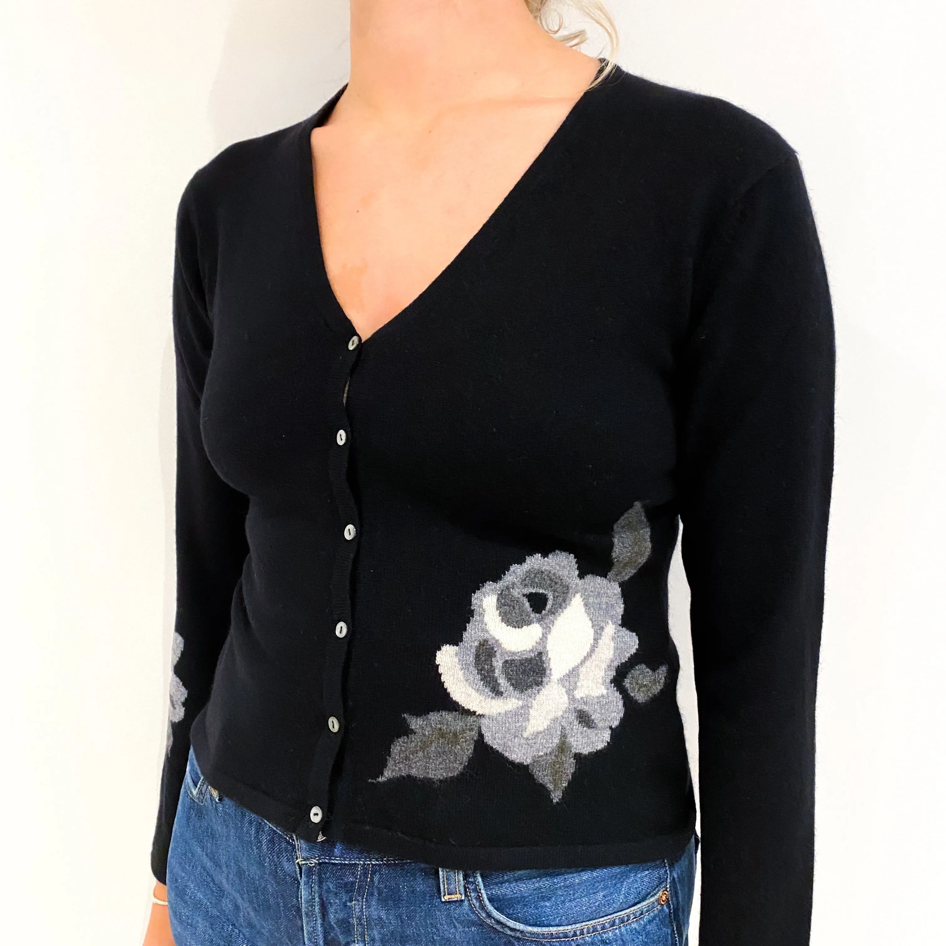 Black Floral Design Cashmere V-Neck Cardigan Small