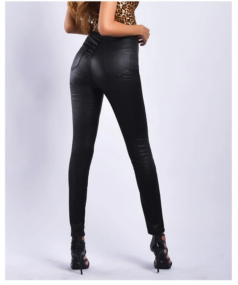 Black High Waist PU Leather Button Slim Pants