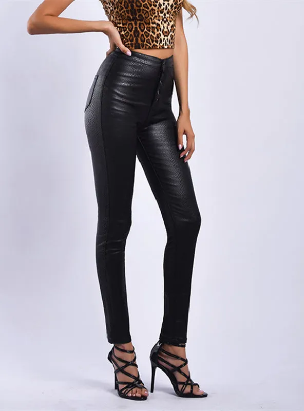 Black High Waist PU Leather Button Slim Pants