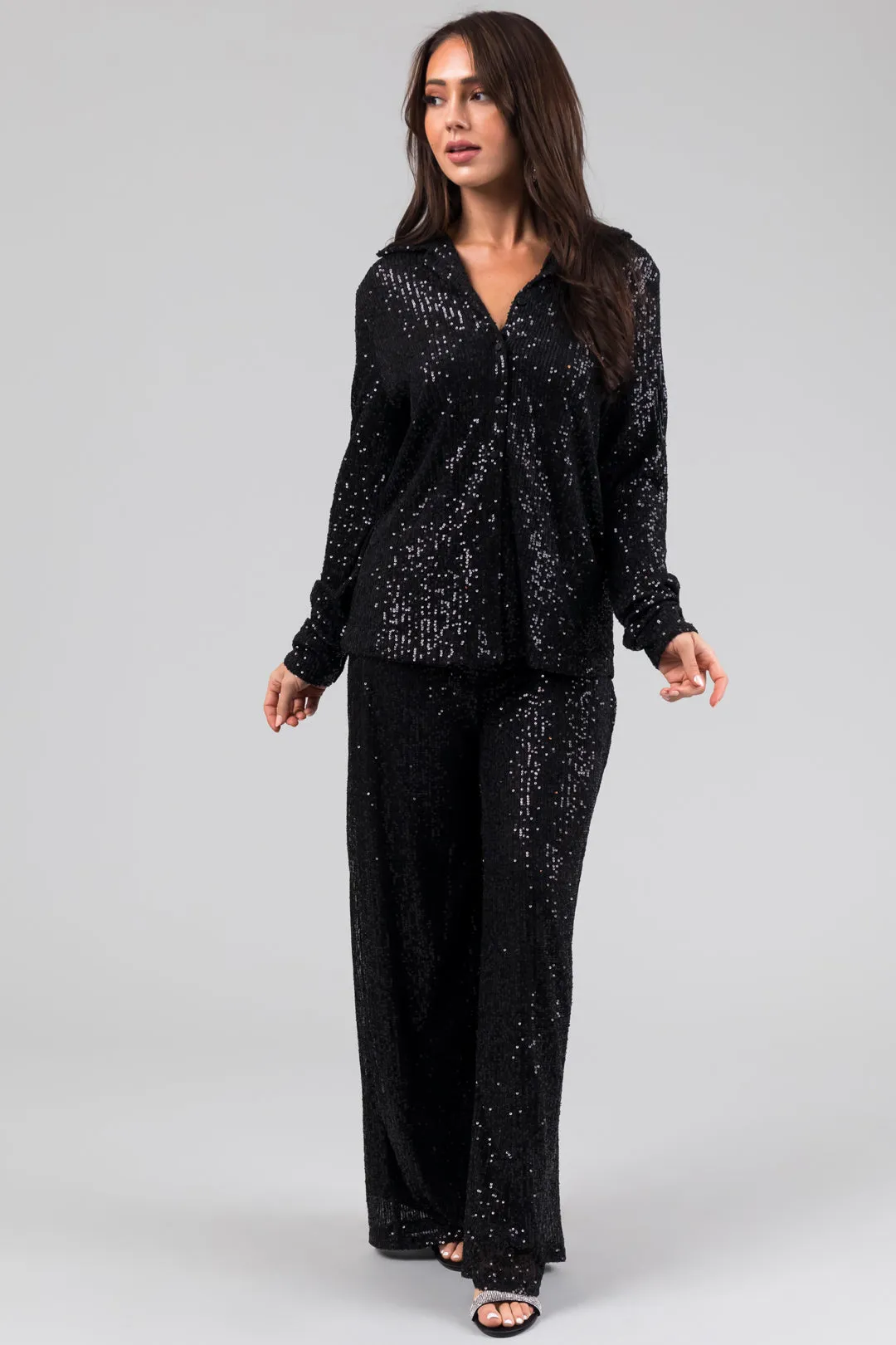 Black High Waisted Wide Leg Sequined Pants