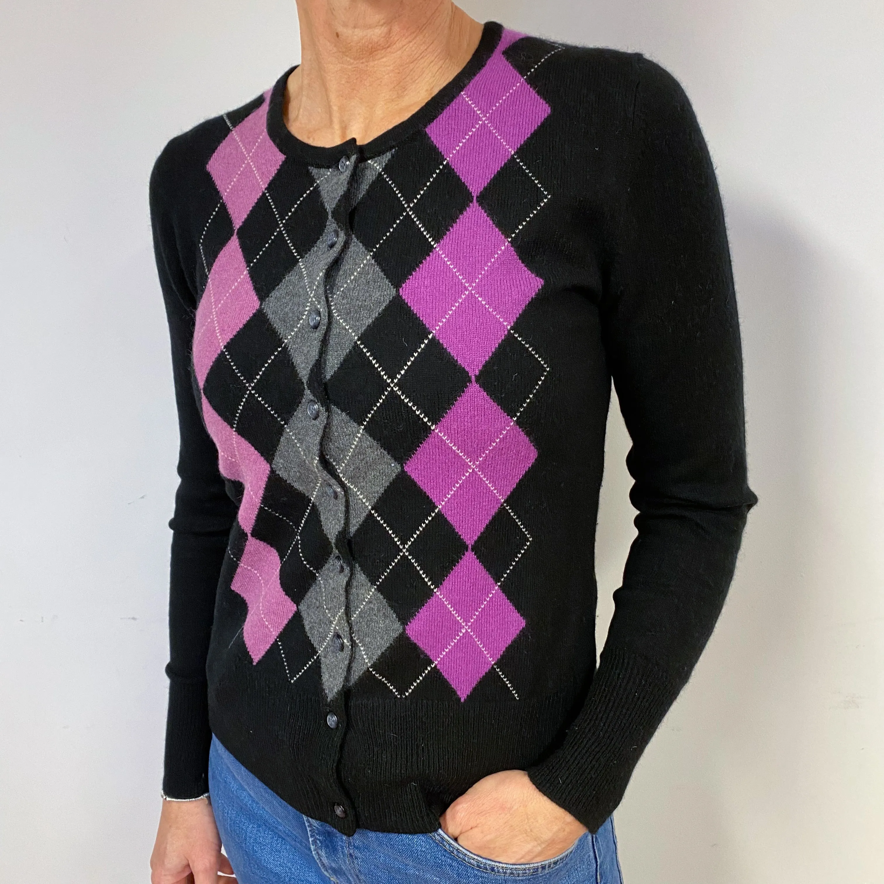 Black Magenta Diamond Cashmere Cardigan Medium