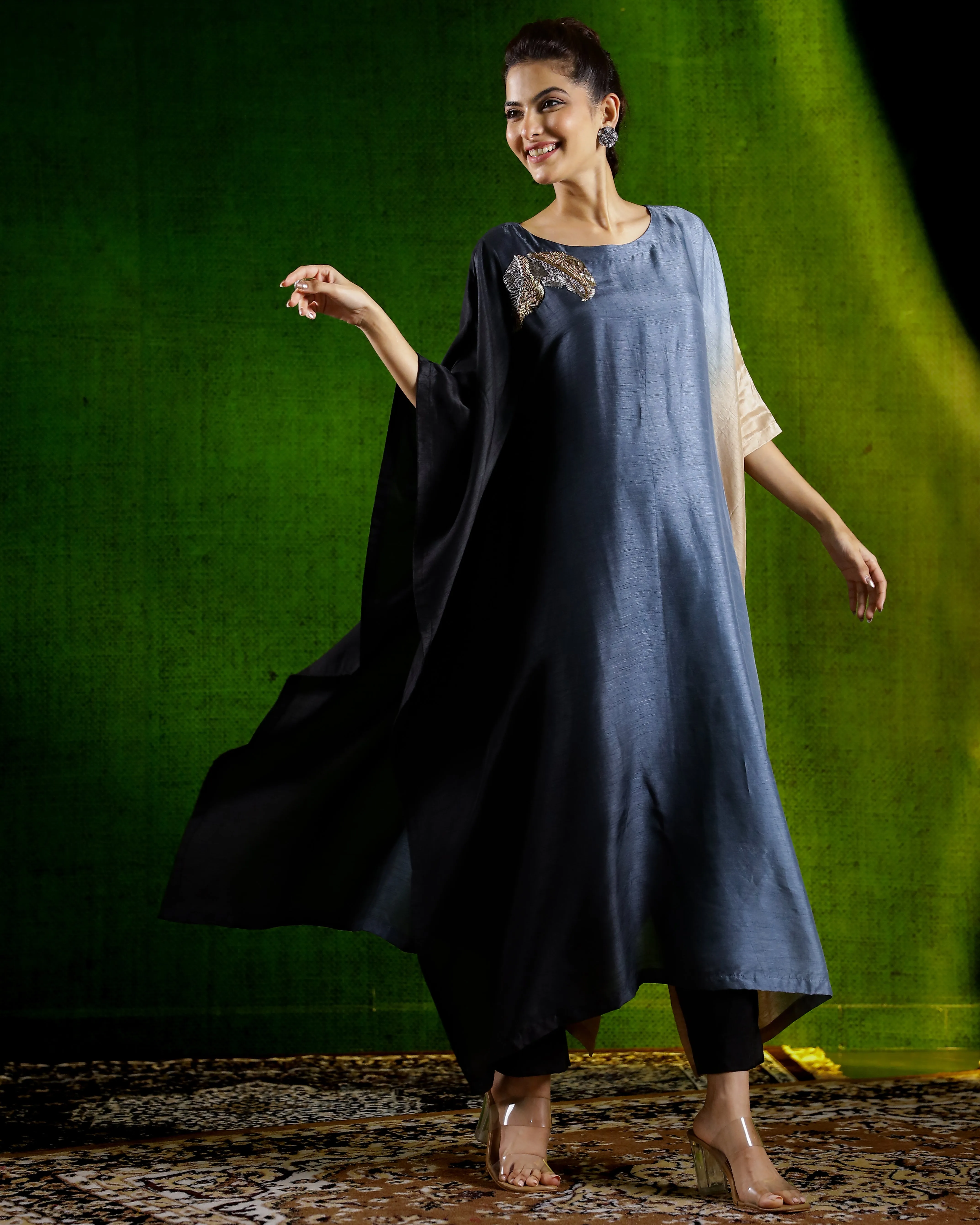 Black Ombre-Dyed Raw Silk Kaftan Set