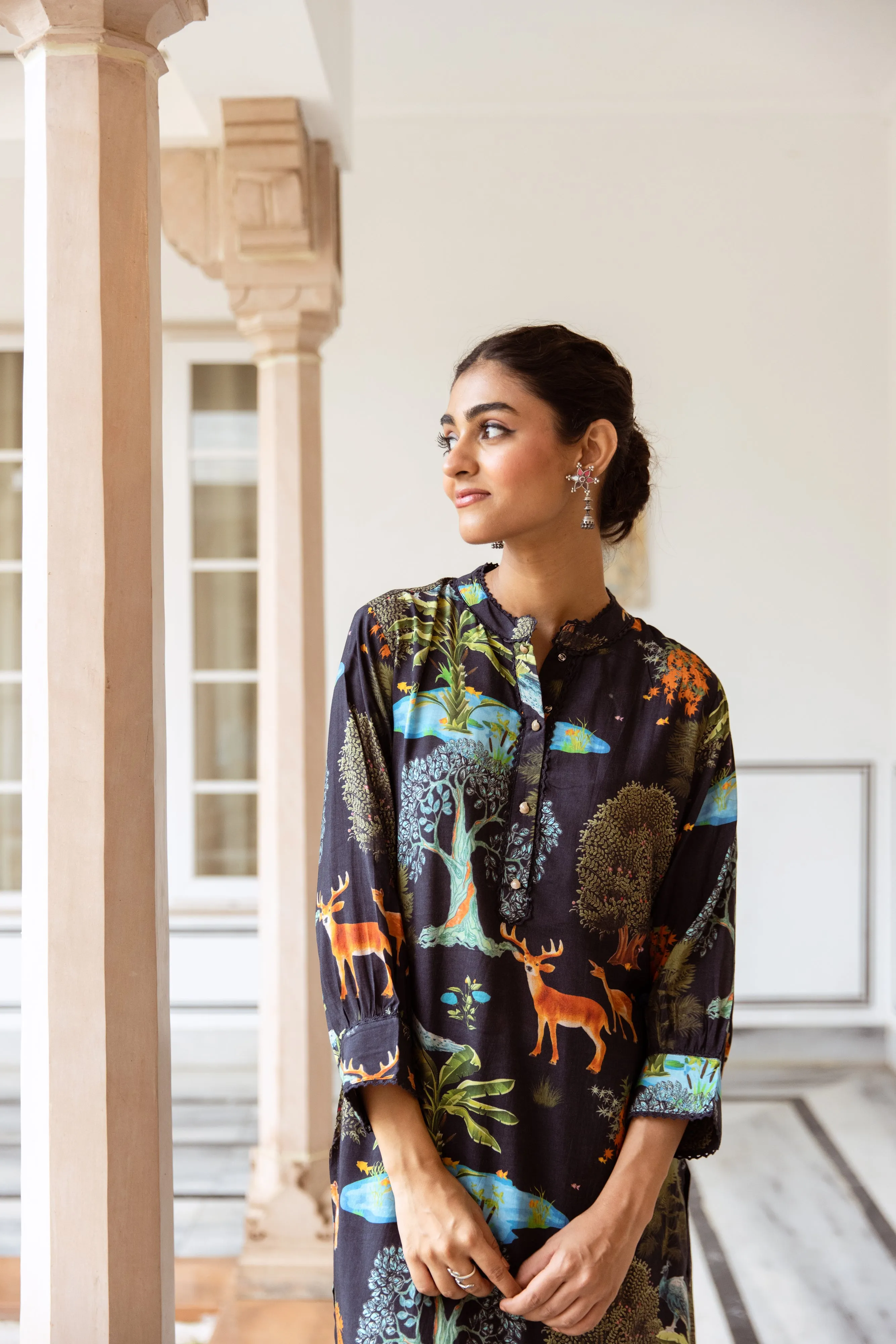 Black Printed Spanish Silk Kurta Set