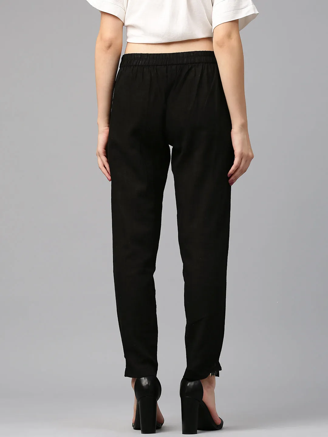 Black Solid Cotton Slub Straight Pants