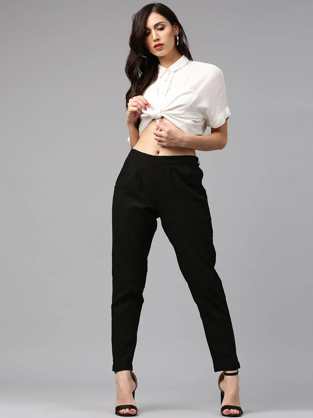 Black Solid Cotton Slub Straight Pants